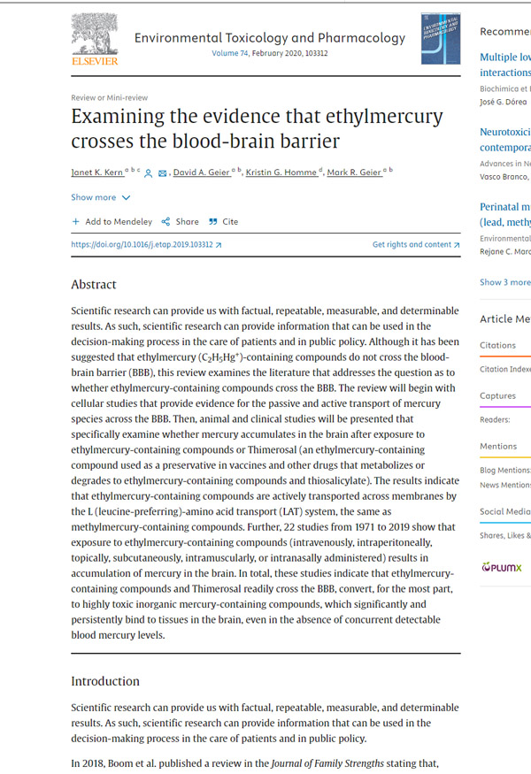 EVIDENCE ETHYLMERCURY (IN THIMEROSAL) CROSSES BLOOD-BRAIN BARRIER