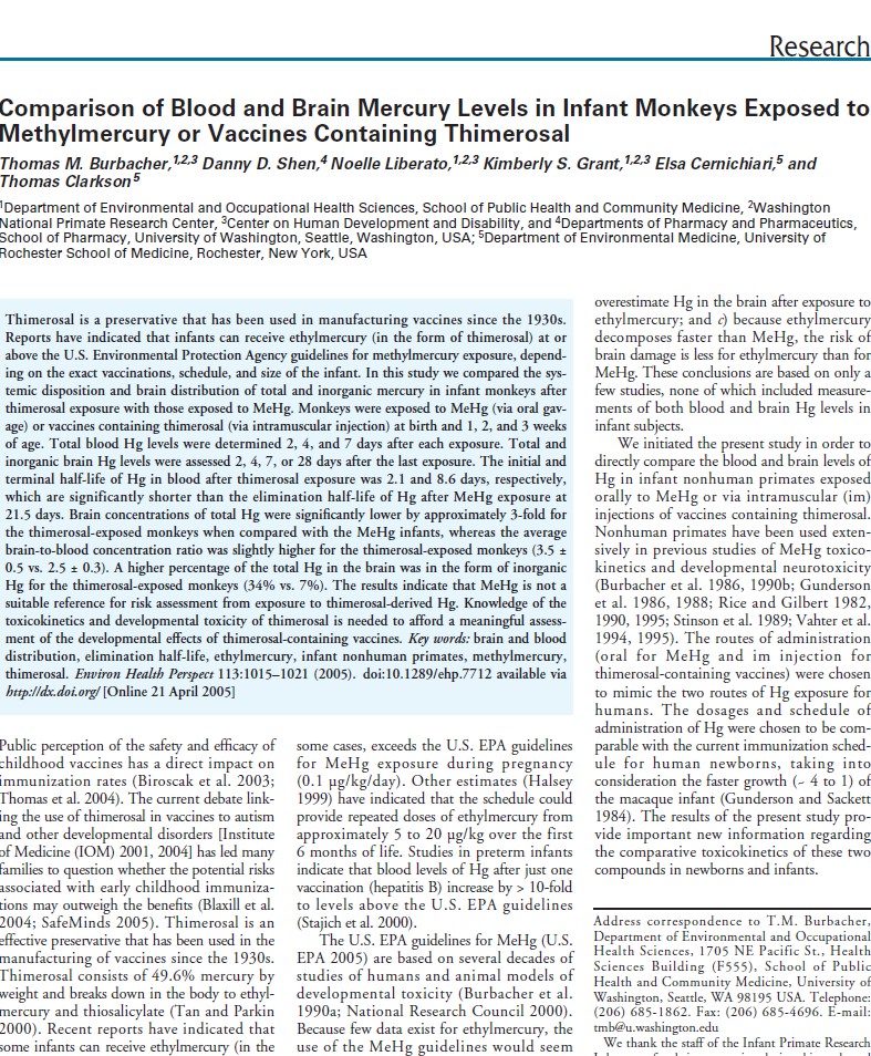 COMPARISON OF BLOOD & BRAIN MERCURY LEVELS - METHLYMERCURY VS VACCINES W/ THIMEROSAL 